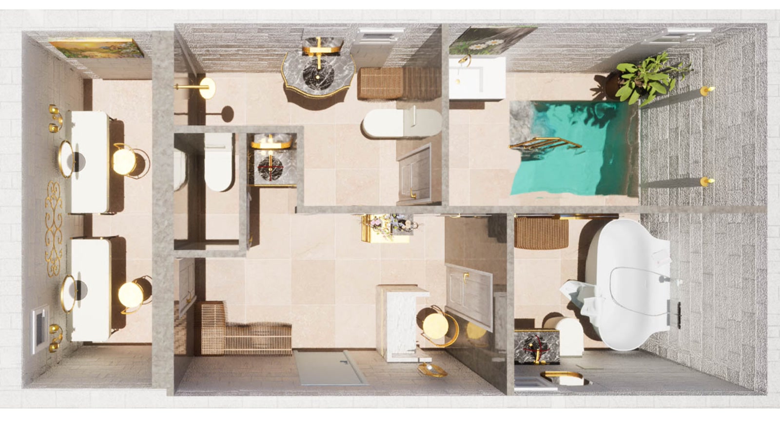 Render of the mikveh entrance, warm lighting on stone walls.